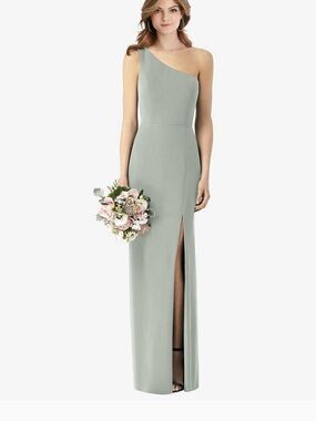 Dessy Collection One-Shoulder Sage Green Evening Gown with Front Slit